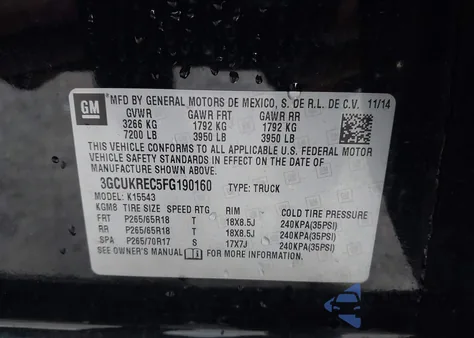 2015 Chevrolet Silverado 1500 1Lt from USA, damaged, VIN 3GCUKREC5FG190160